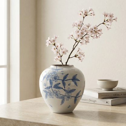 Vase céramique japonais motif fleurs de cerisier bleues décoration