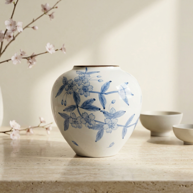 Vase céramique japonais motif fleurs de cerisier bleues intérieur