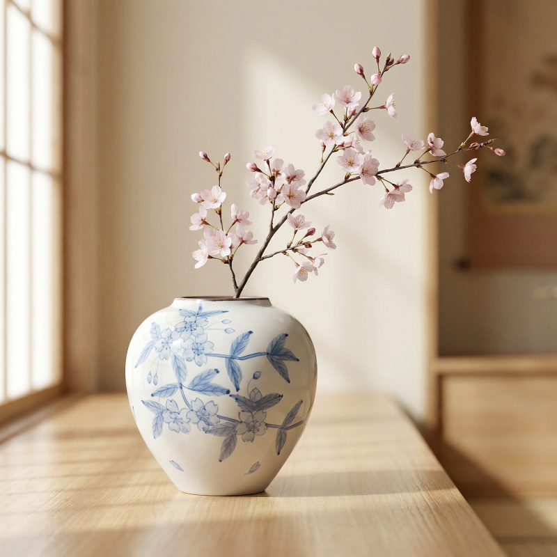 Vase céramique japonais motif fleurs de cerisier bleues lifestyle
