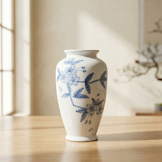 Vase céramique japonais motifs fleurs de cerisier bleues