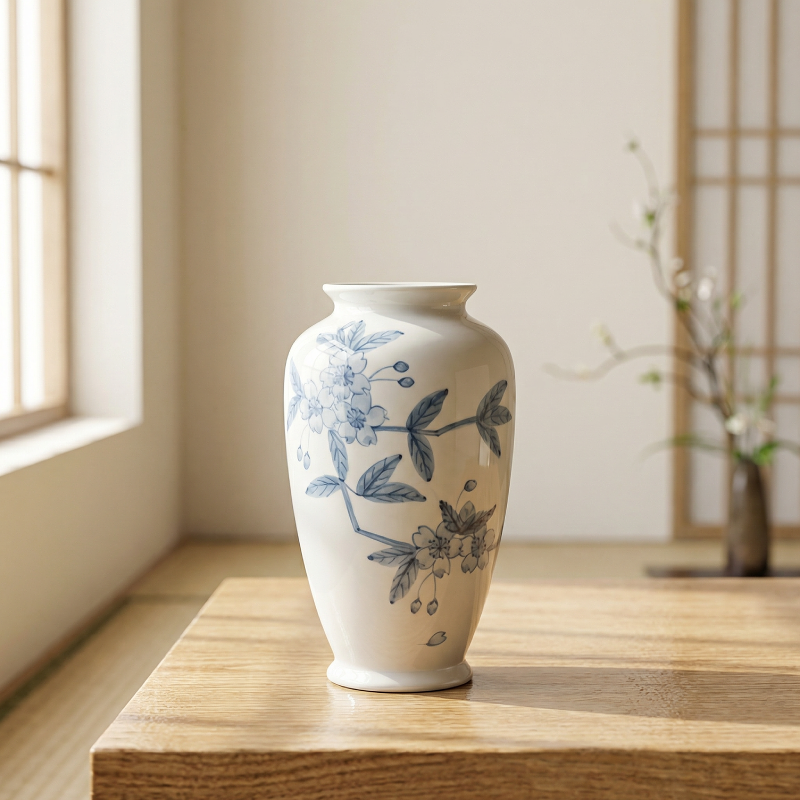 Vase céramique japonais motifs fleurs de cerisier bleues intérieur