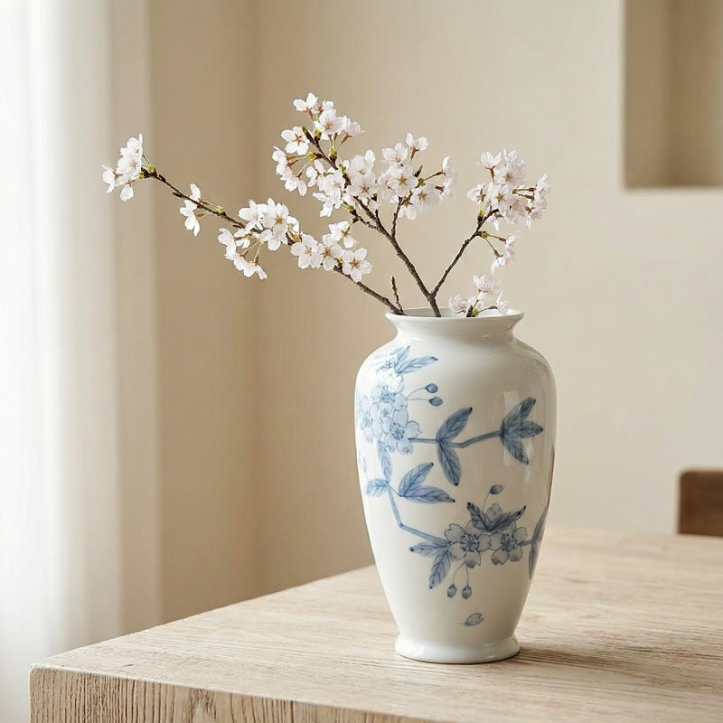 Vase céramique japonais motifs fleurs de cerisier bleues lifestyle