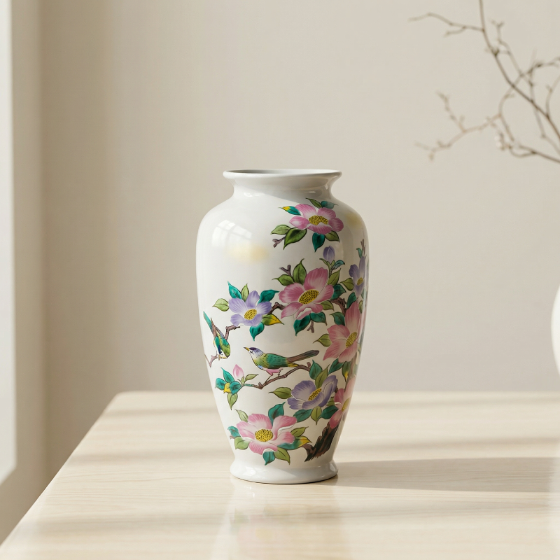 Vase céramique japonais motifs fleurs roses et violettes