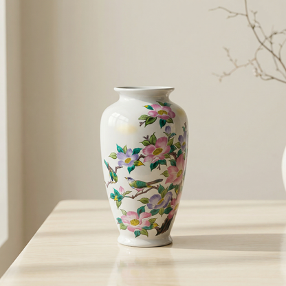 Vase céramique japonais motifs fleurs roses et violettes