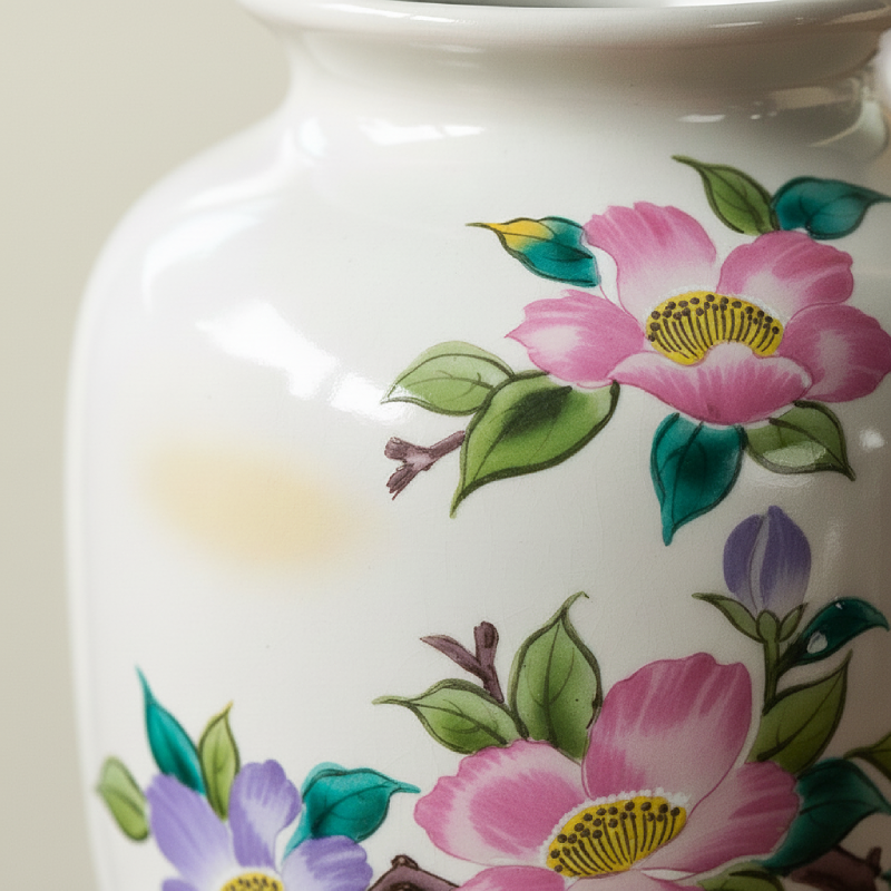 Vase céramique japonais motifs fleurs roses et violettes détails