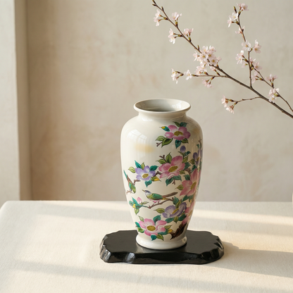 Vase céramique japonais motifs fleurs roses et violettes intérieur