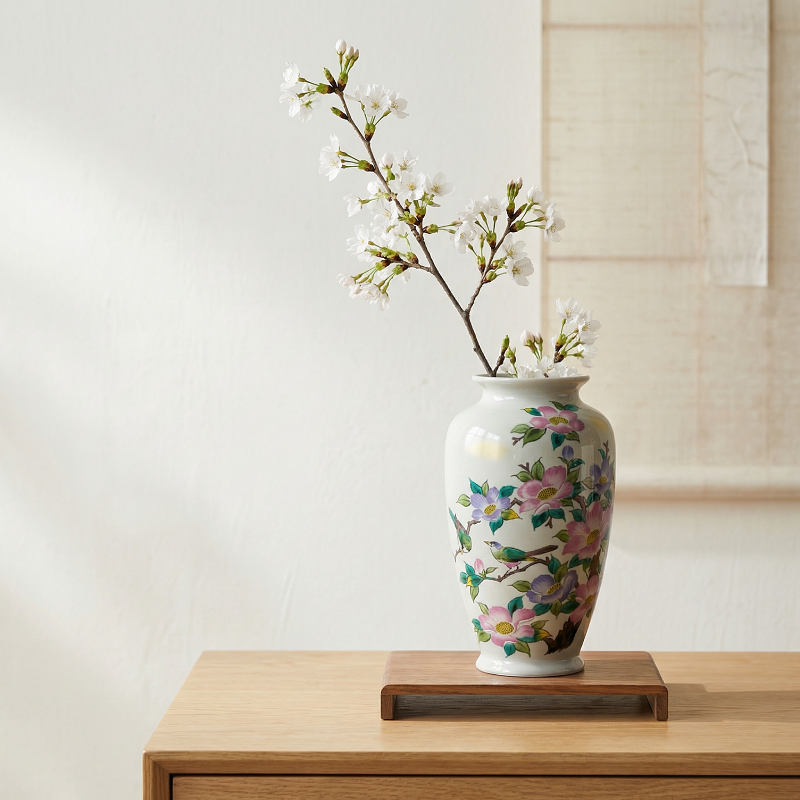 Vase céramique japonais motifs fleurs roses et violettes lifestyle