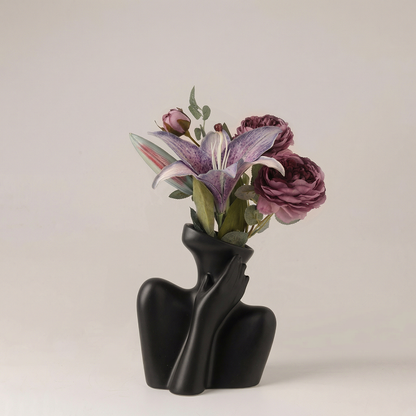 Vase céramique noir buste femme avec fleurs de Lys et Roses