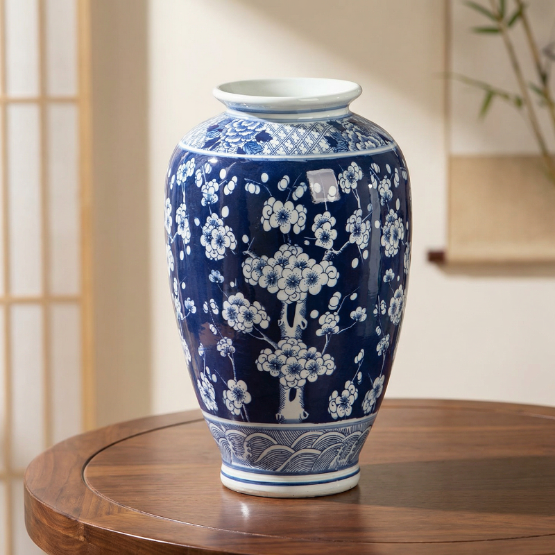 Vase céramique prune orientale italienne bleu et blanc