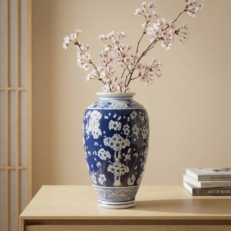 Vase céramique prune orientale italienne bleu et blanc déco élégante
