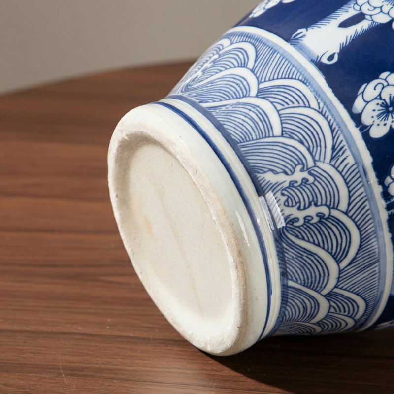 Vase céramique prune orientale italienne bleu et blanc détail bas