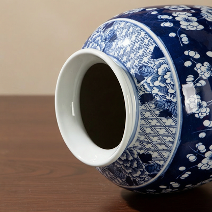 Vase céramique prune orientale italienne bleu et blanc détail haut
