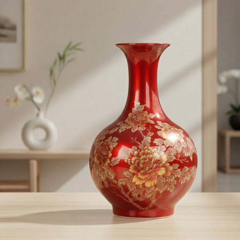 Vase céramique rouge motifs floraux doré déco raffinée
