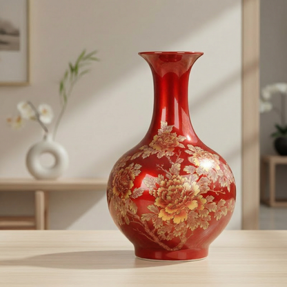 Vase céramique rouge motifs floraux doré déco raffinée
