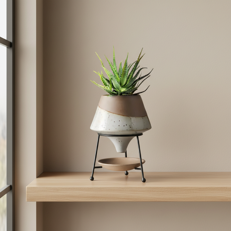 Vase céramique sur pied design sculptural contemporain beige blanc lifestyle