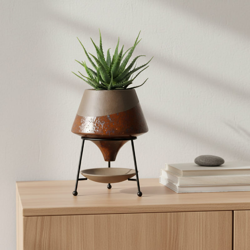 Vase céramique sur pied design sculptural contemporain beige marron lifestyle