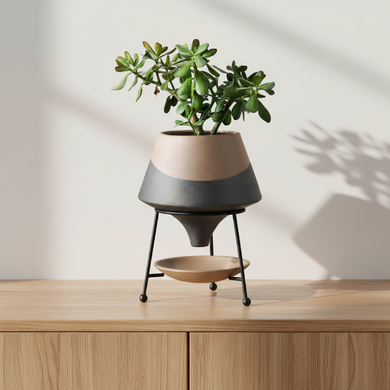 Vase céramique sur pied design sculptural contemporain beige noir lifestyle