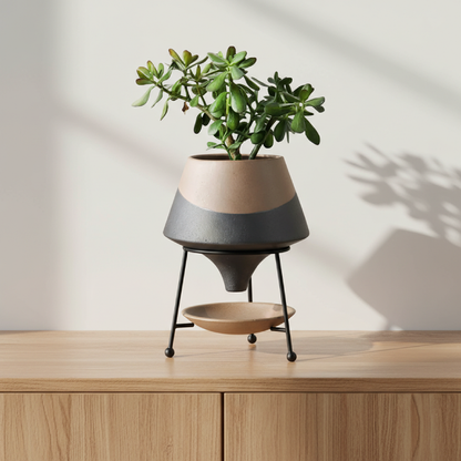 Vase céramique sur pied design sculptural contemporain beige noir lifestyle