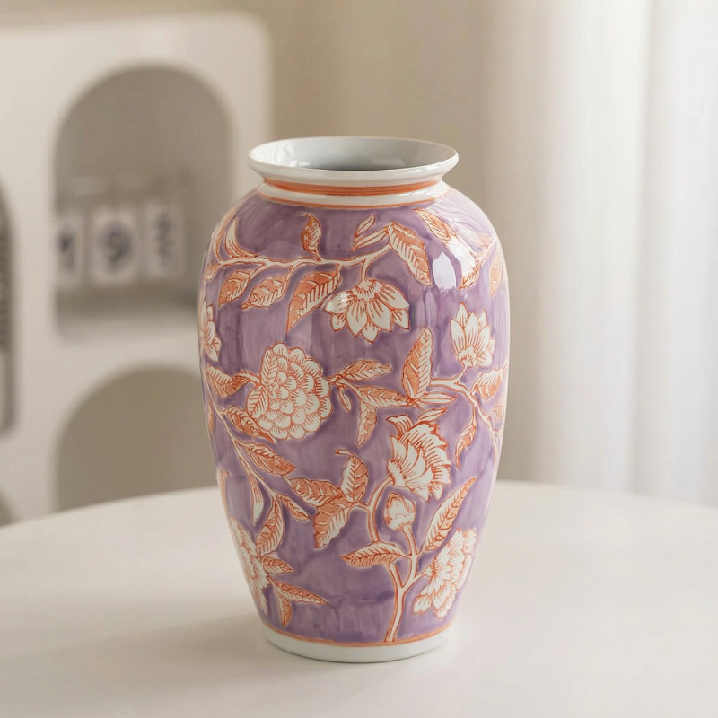 Vase céramique violet motif floral modèle D