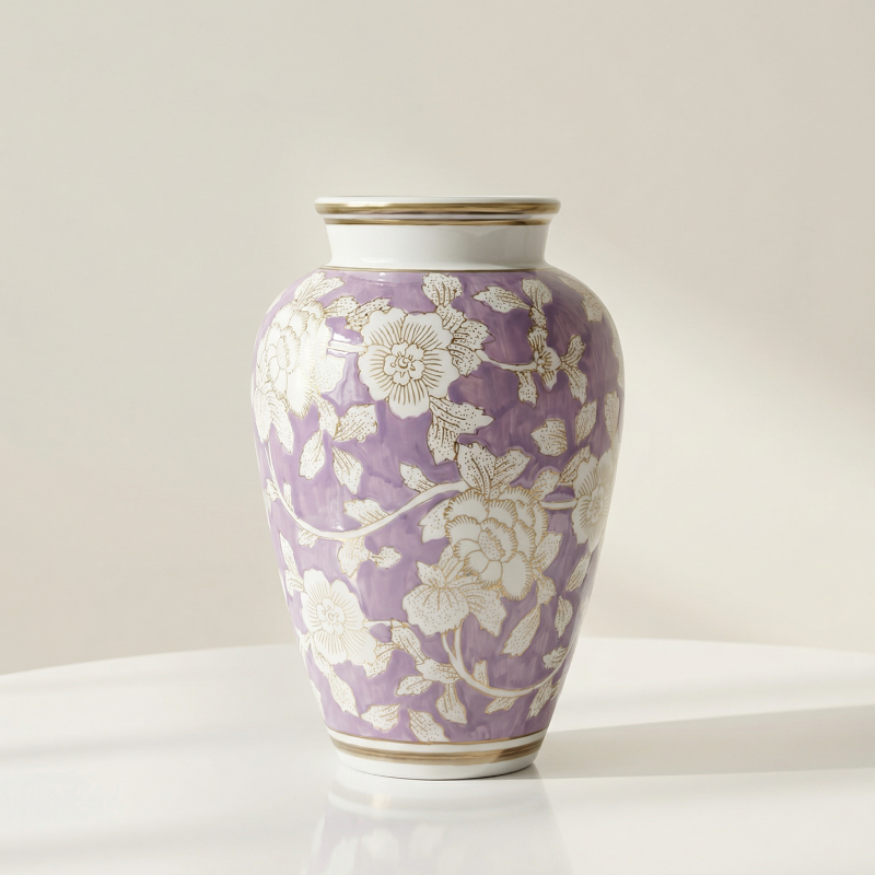 Vase céramique violet motif floral modèle F