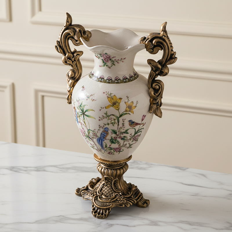 Vase double anses style européen raffiné cent oiseaux chantant à l’unisson détail dessus