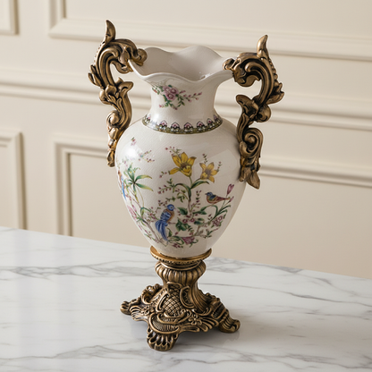 Vase double anses style européen raffiné cent oiseaux chantant à l’unisson détail dessus