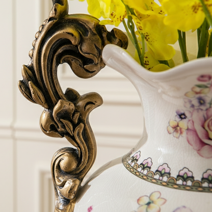 Vase double anses style européen raffiné fleurs et oiseaux britanniques détail anse