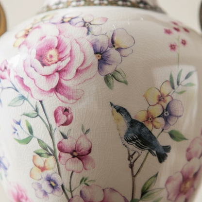 Vase double anses style européen raffiné fleurs et oiseaux britanniques détail matière