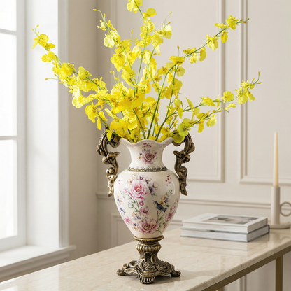 Vase double anses style européen raffiné fleurs et oiseaux britanniques lifestyle