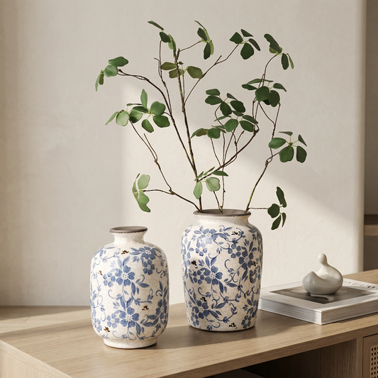Vase porcelaine blanc motif craquelé et fleurs bleues