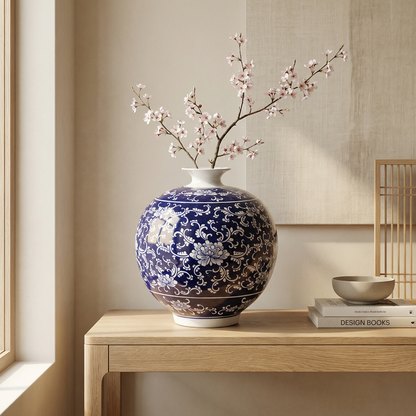 Vase porcelaine bleu motifs floraux arabesques lifestyle