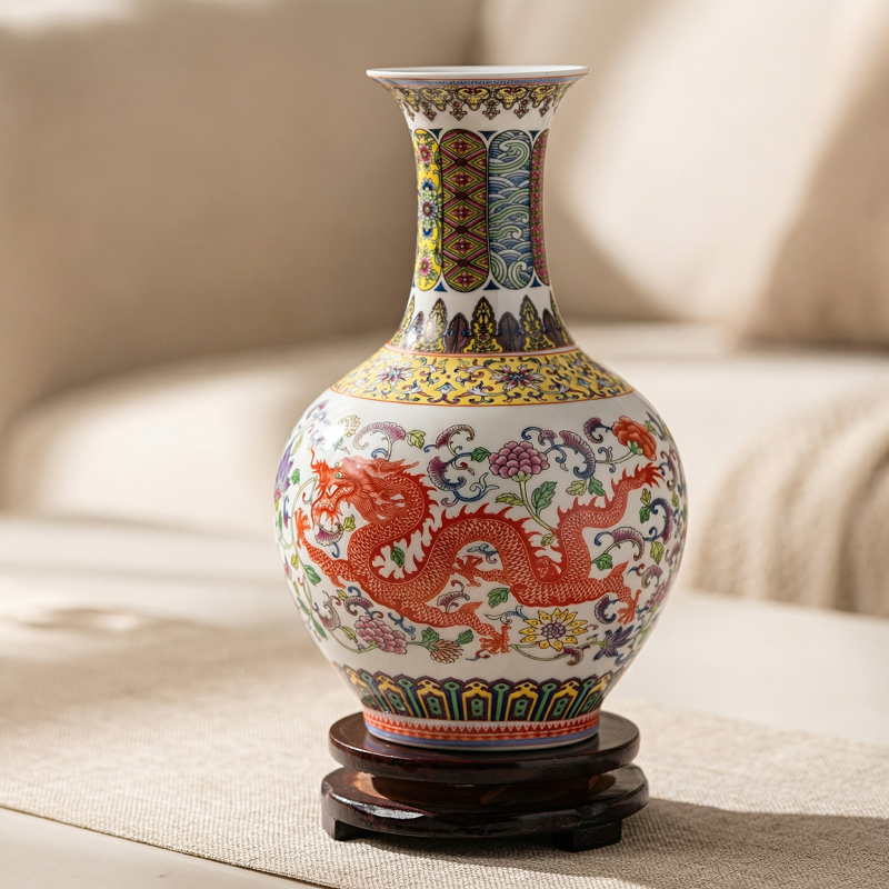 Vase porcelaine motif dragon et phénix modèle A intérieur