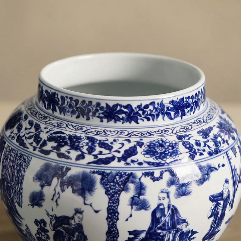 Vase porcelaine paysage chinois blanc et bleu détail haut