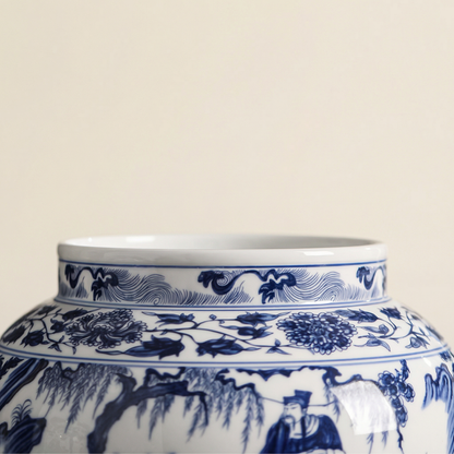 Vase porcelaine paysage chinois blanc et bleu détail partie haute