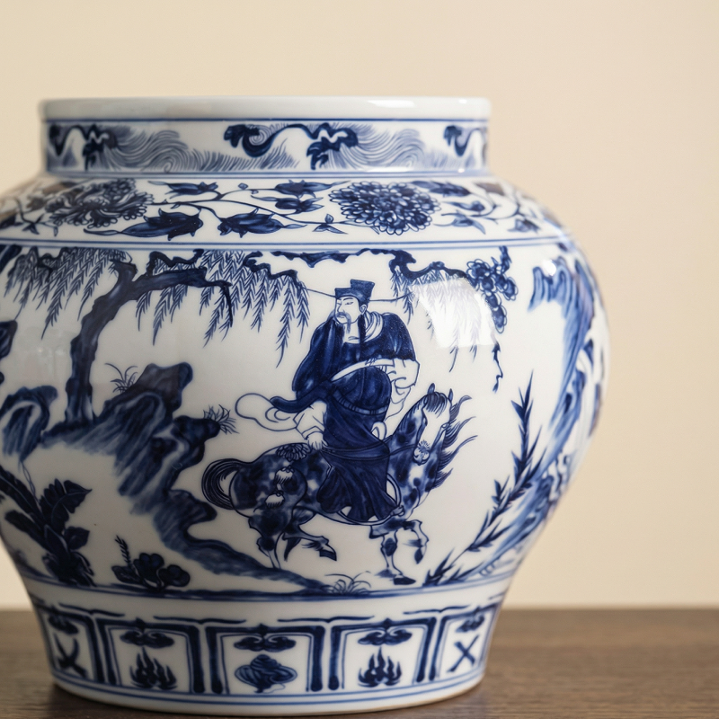 Vase porcelaine paysage chinois blanc et bleu détail vase