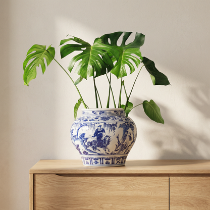 Vase porcelaine paysage chinois blanc et bleu lifestyle
