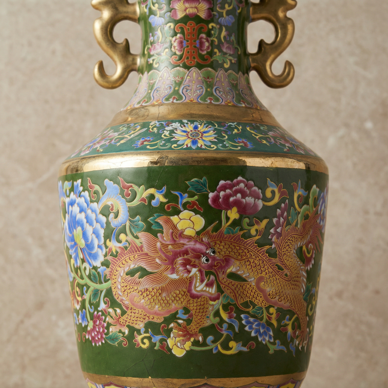 Vase porcelaine rétro chinois motifs double dragon détail motifs