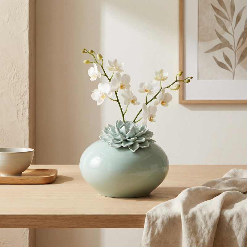 Vase porcelaine sculpture floral vert lifestyle