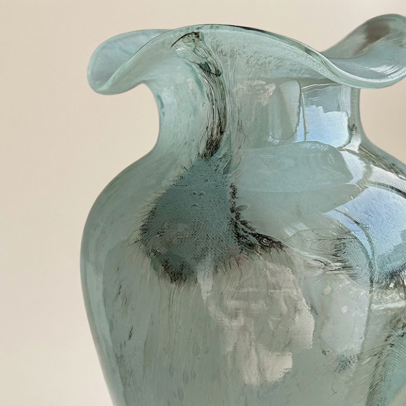 Vase verre bleu design dentelle vintage modele A détail haut