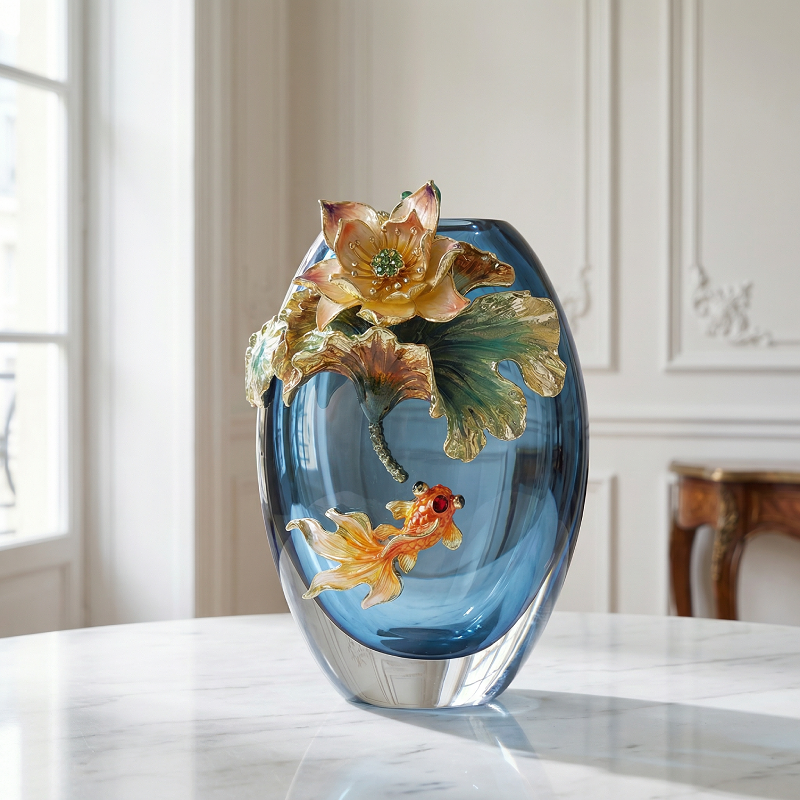 Vase verre motif poisson et lotus intérieur