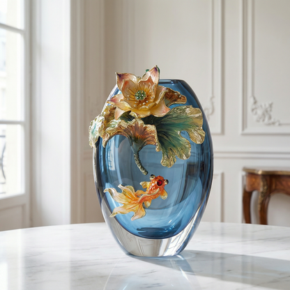 Vase verre motif poisson et lotus intérieur