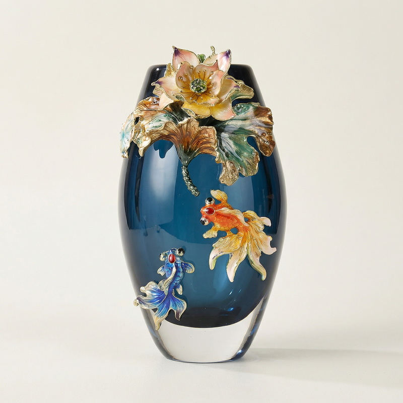 Vase verre motif poisson et lotus taille L