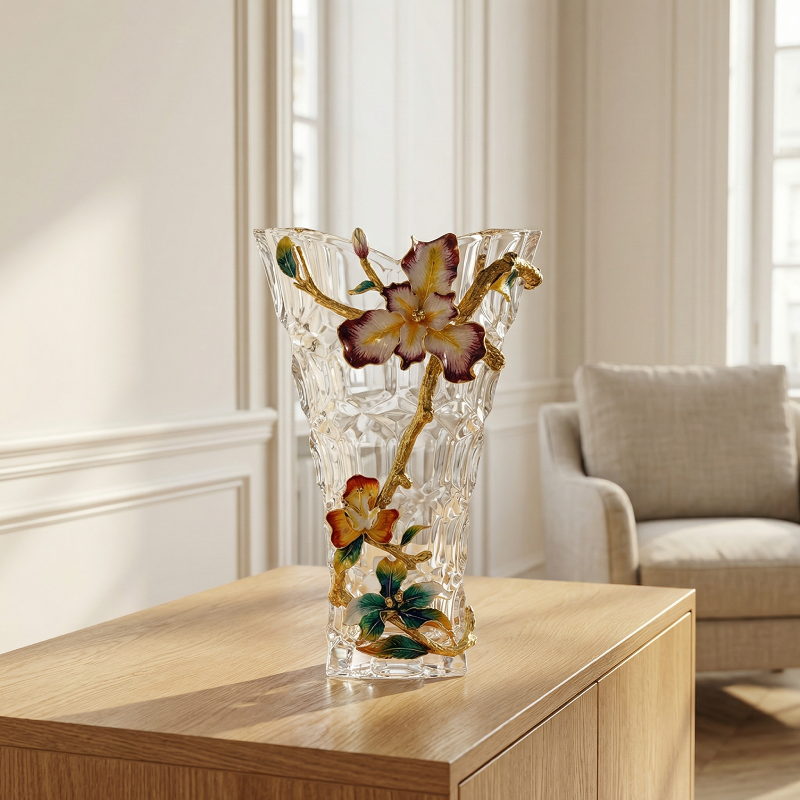 Vase verre transparent incrusté de fleurs iris colorées intérieur
