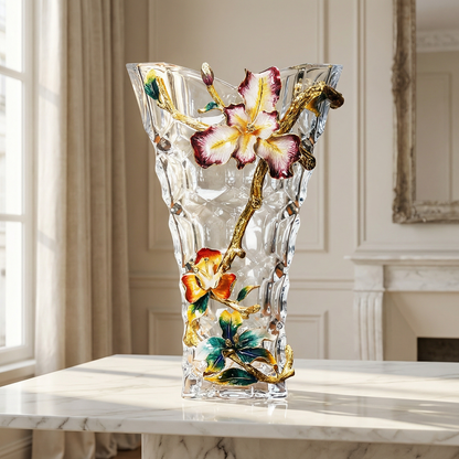 Vase verre transparent incrusté de fleurs iris colorées principal