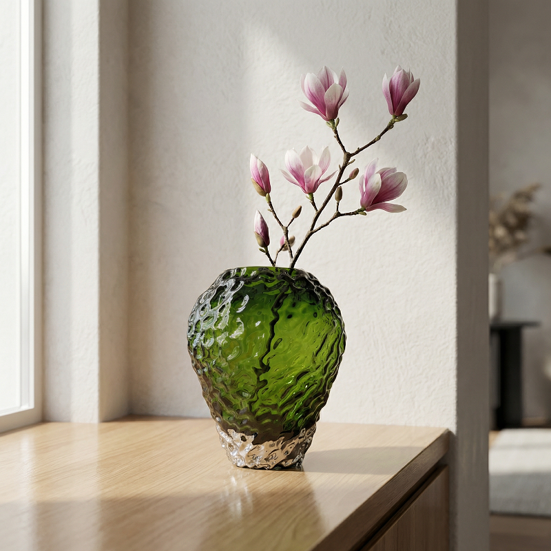 Vase verre vert forme pierre volcanique taille L intérieur