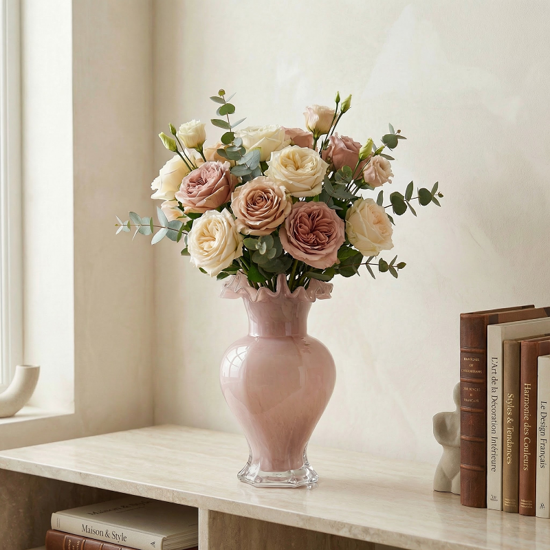 Vase verre vintage forme fleur rose décoration élégante