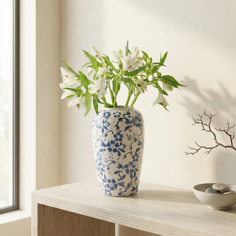 Vase en céramique bleu et blanc – Décor floral élégant et intemporel L'UNIVERS DU VASE