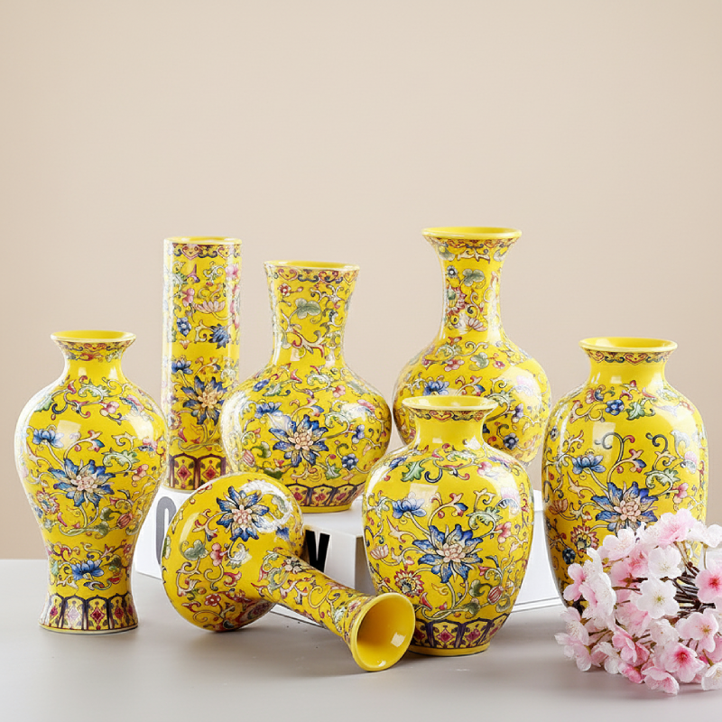 Vases chinois en céramique jaune – Motifs floraux décoratifs L'univers-du-vase
