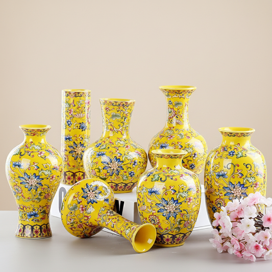 Vases chinois en céramique jaune – Motifs floraux décoratifs L'univers-du-vase