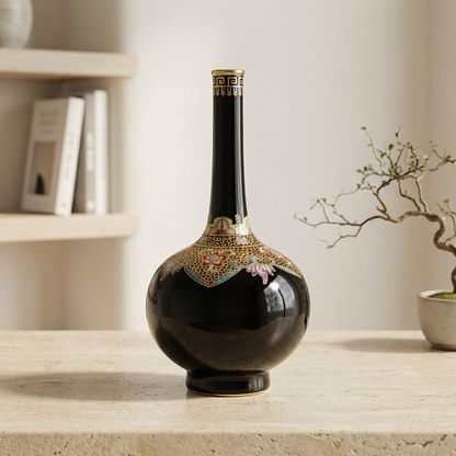 Vase en porcelaine noire et dorée – Design oriental élégant et finition brillante L'UNIVERS DU VASE